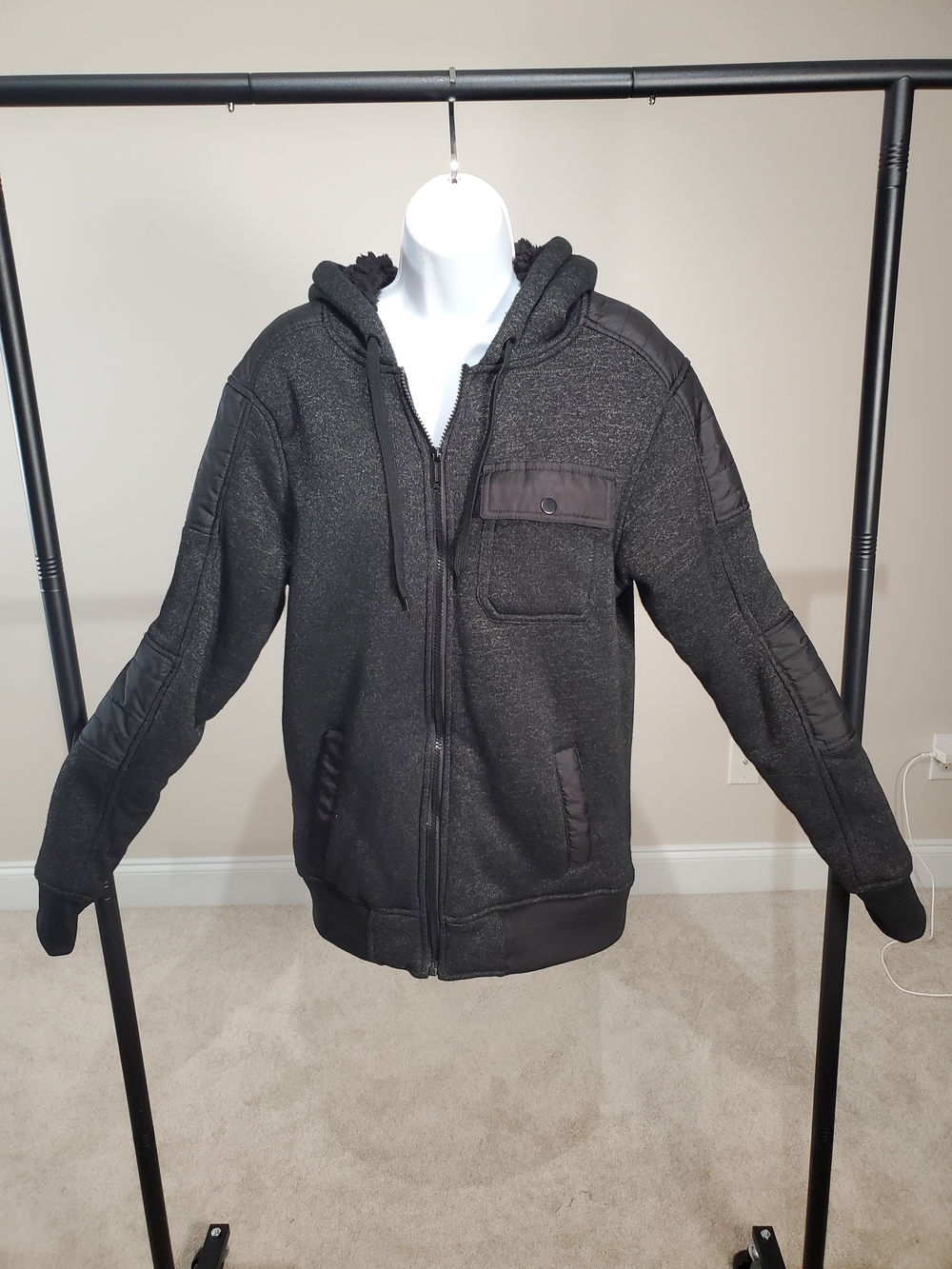 Machine Custom Co. Unisex Gray Sherpa Lined Utility Jacket Winter Hoodie Small